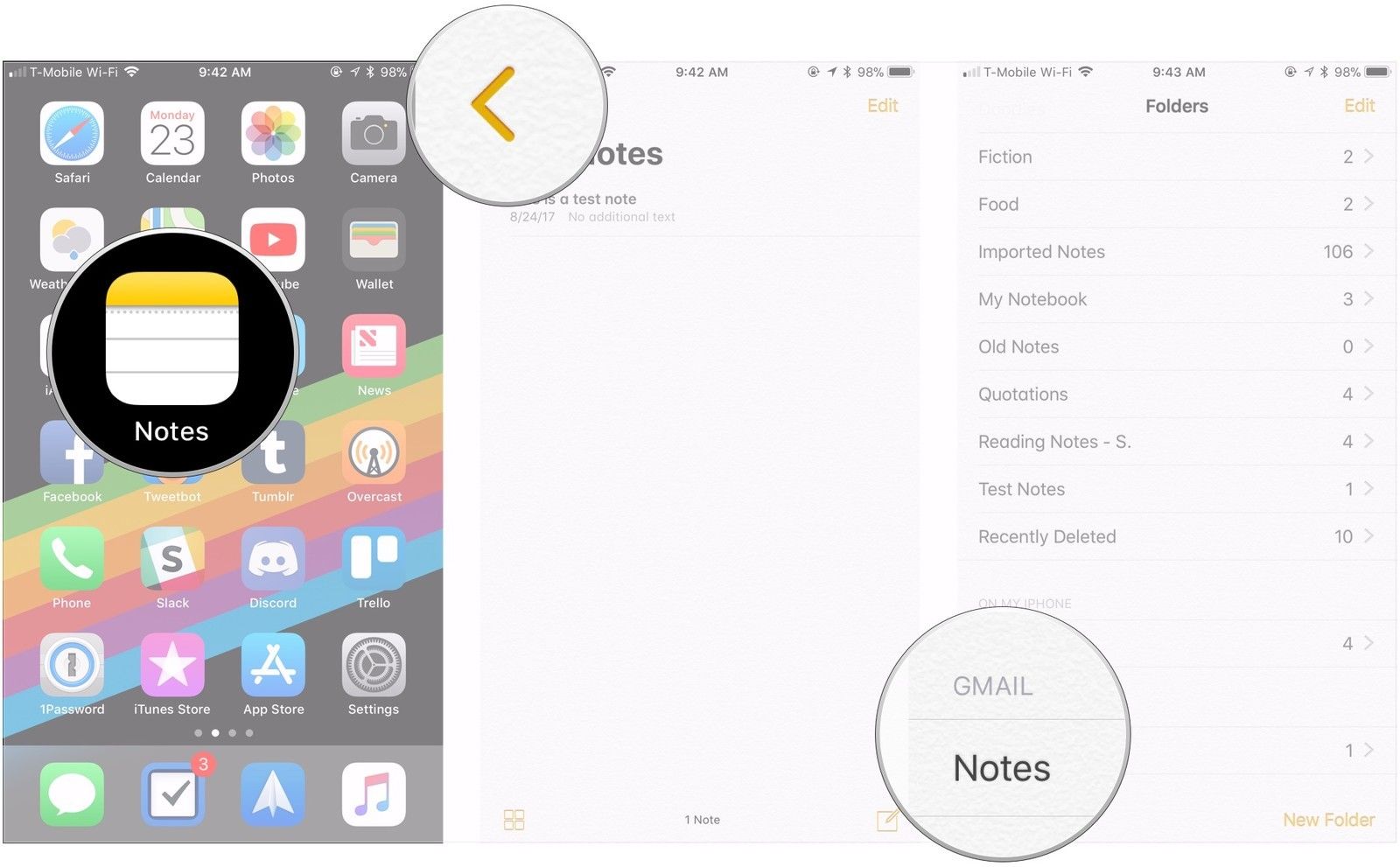 Откройте заметки, нажмите кнопку назад, коснитесь учетной записи заметки