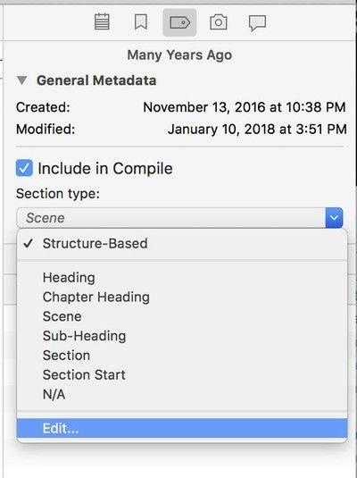 Меню типа раздела в Scrivener's Inspector pane.