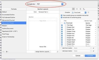 Поле «Компиляция» в Scrivener с выделенным выпадающим меню «Компилировать как:».