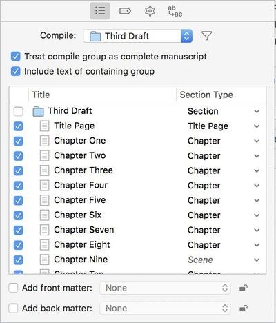 Третий столбец в окне компиляции позволяет вам выбрать, какие части вашей работы включить в готовый продукт.