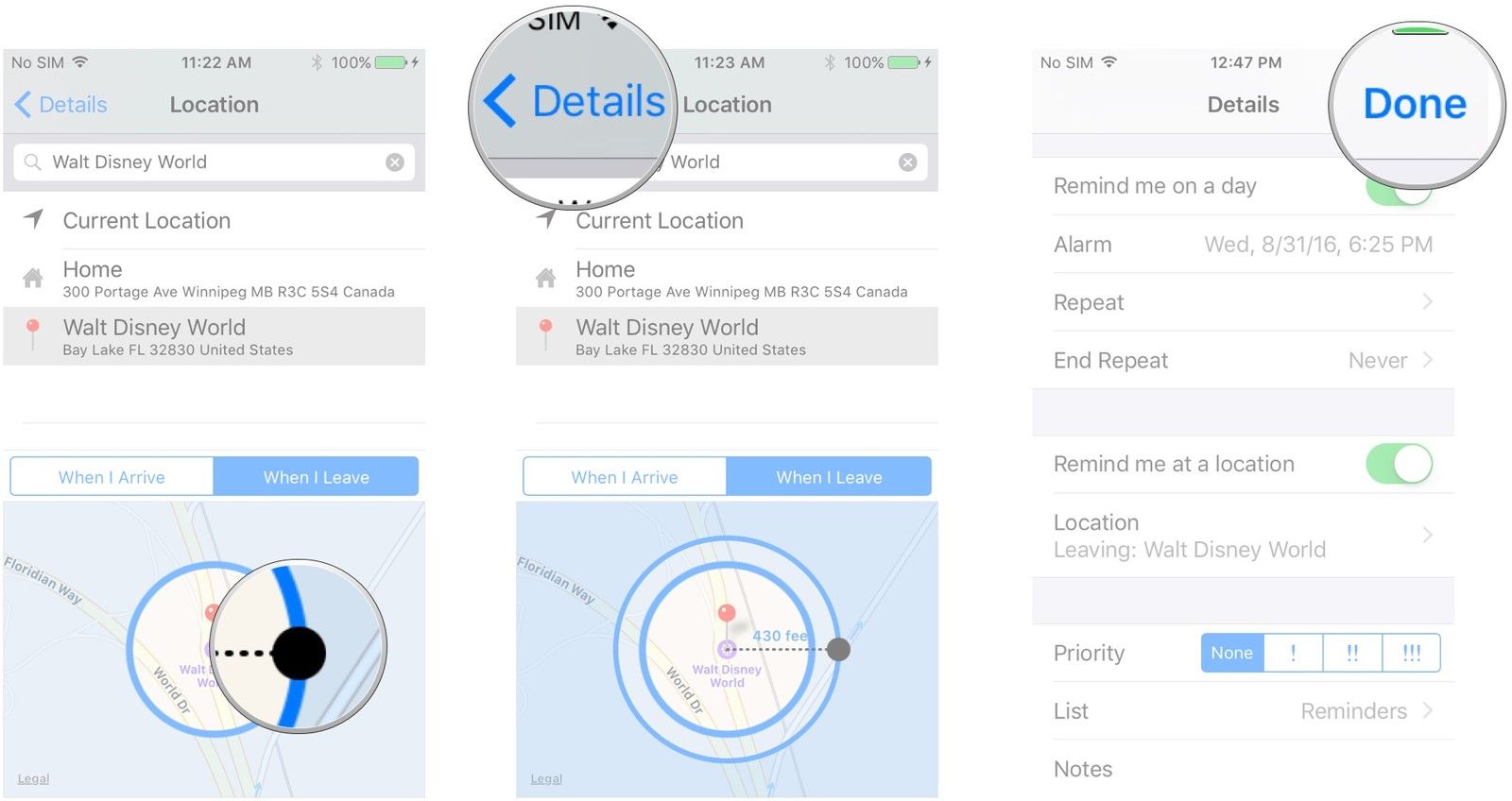 Нажмите и перетащите черную точку, чтобы изменить радиус предупреждения, нажмите кнопку «Назад», нажмите «Готово».