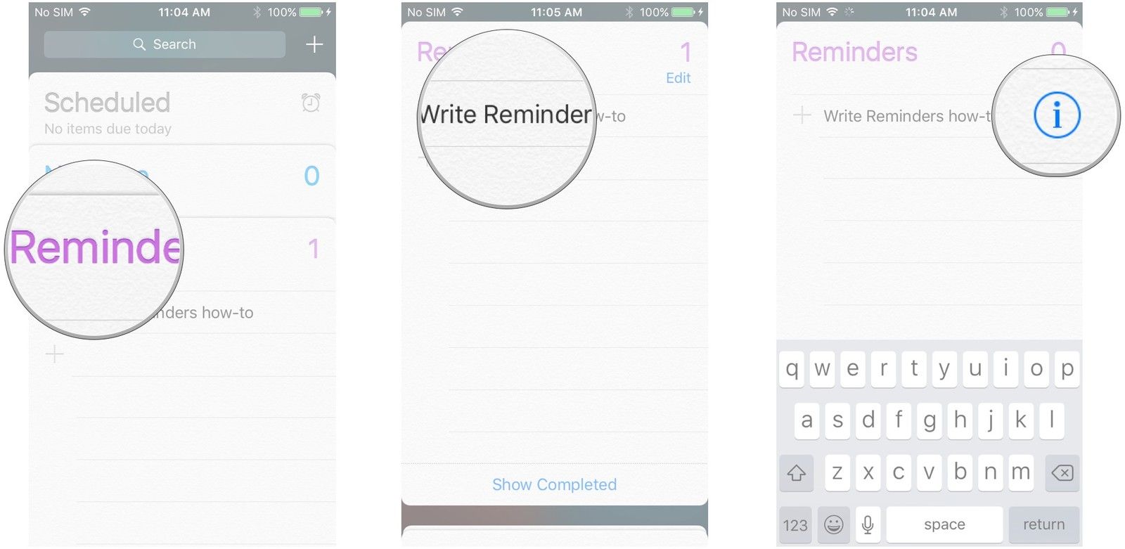 Нажмите на список, нажмите на напоминание, нажмите кнопку информации