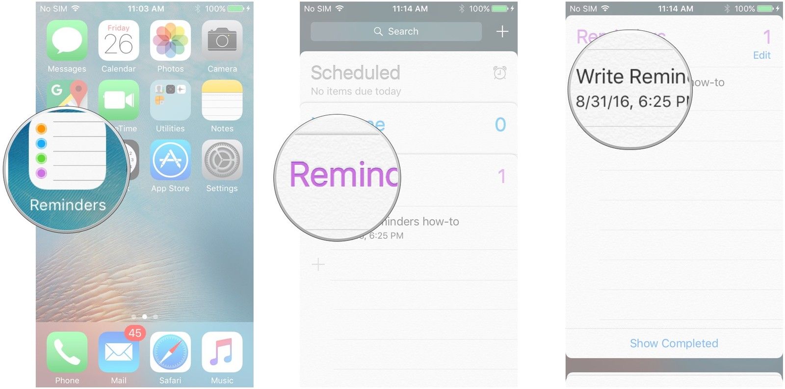 Запустите напоминания, нажмите на список, нажмите на напоминание