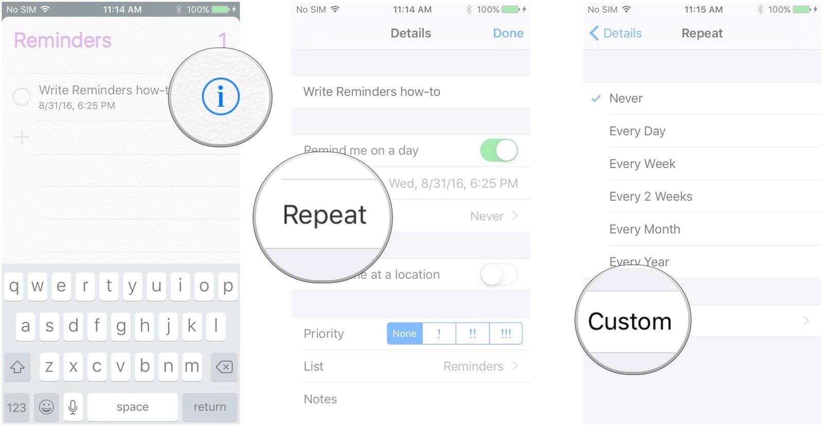 Нажмите информационную кнопку, нажмите «Повторить», нажмите параметр или выберите «Пользовательский».