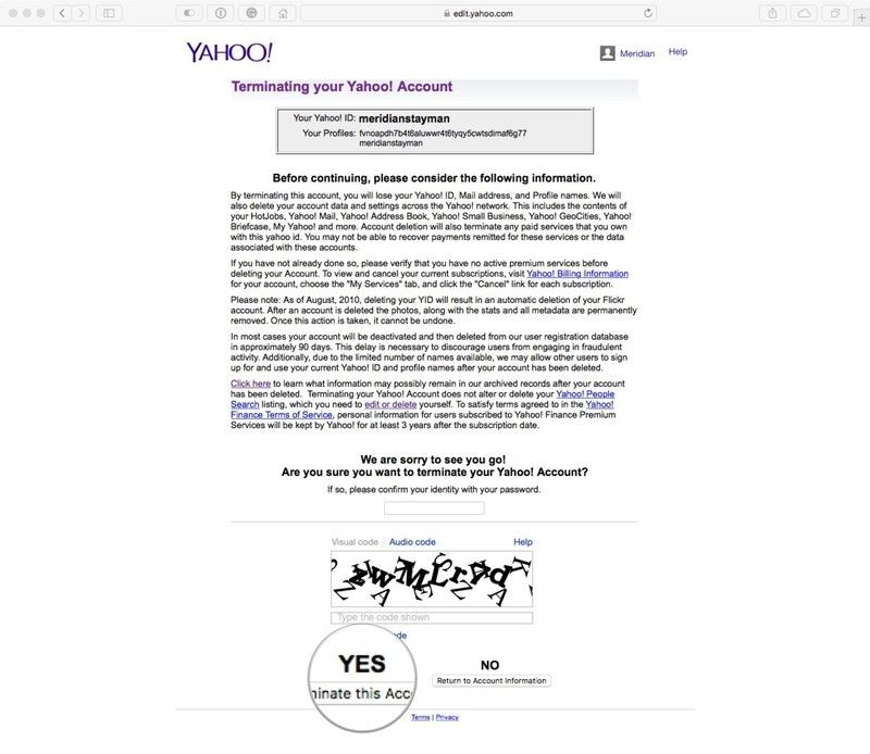 Нажмите Да, чтобы удалить свой Yahoo! учетная запись.
