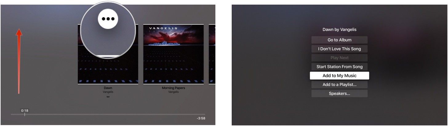 Проведите пальцем вверх, чтобы получить больше музыкальных опций на Apple TV