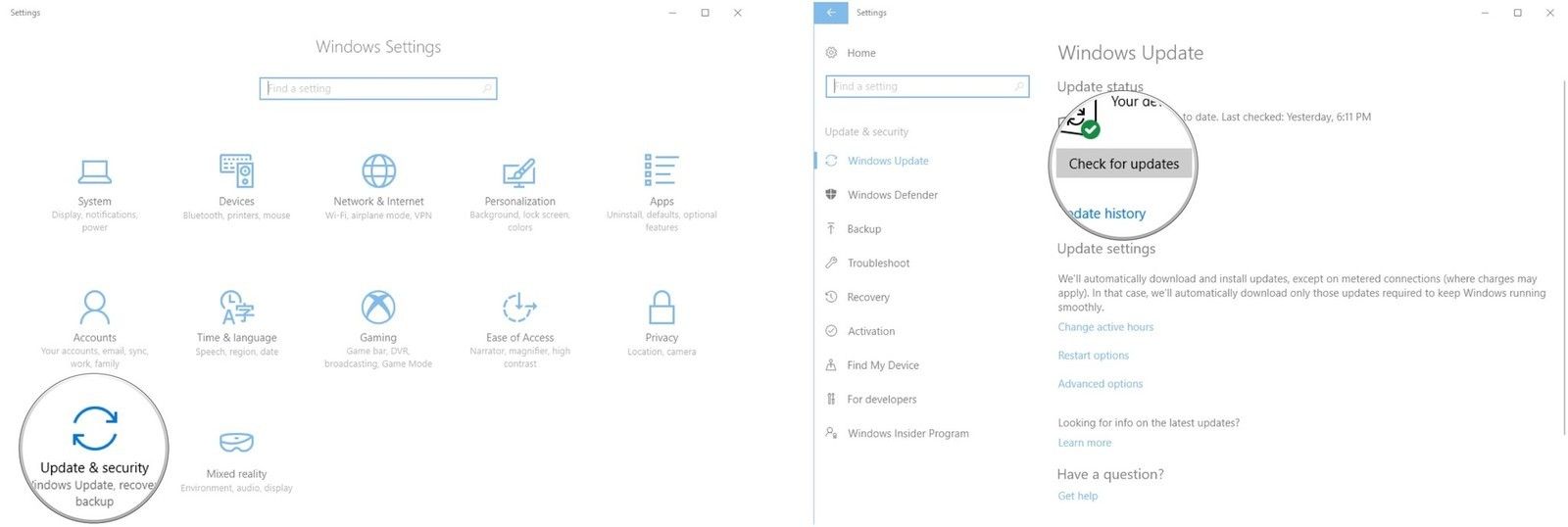 Нажмите Обновить и безопасность. Нажмите Проверить наличие обновлений.
