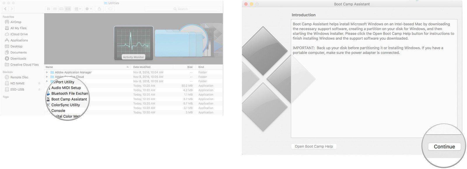 Запуск Boot Camp Assistant. Нажмите Продолжить.