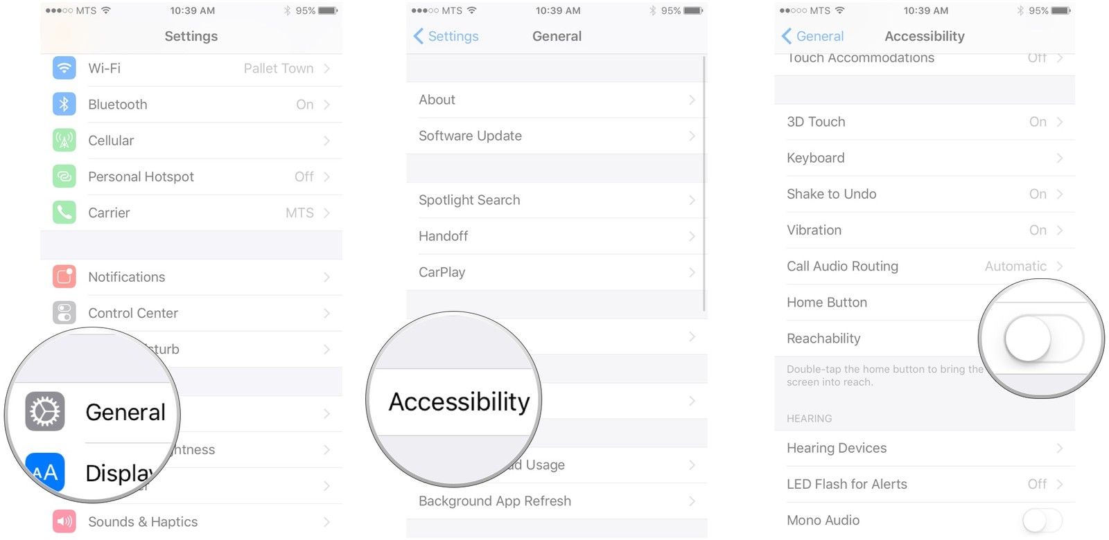 Нажмите «Основные», нажмите «Доступность», нажмите переключатель рядом с «Достижимость».