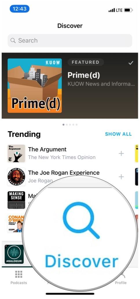 Pocket Casts, вкладка &laquo;Обнаружение&raquo;