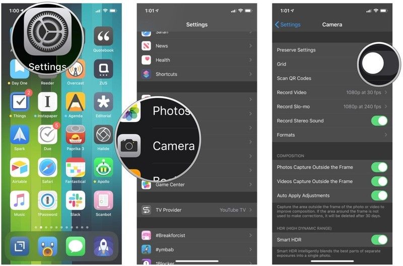 Откройте «Настройки», выберите «Камера» и включите «Сетка».