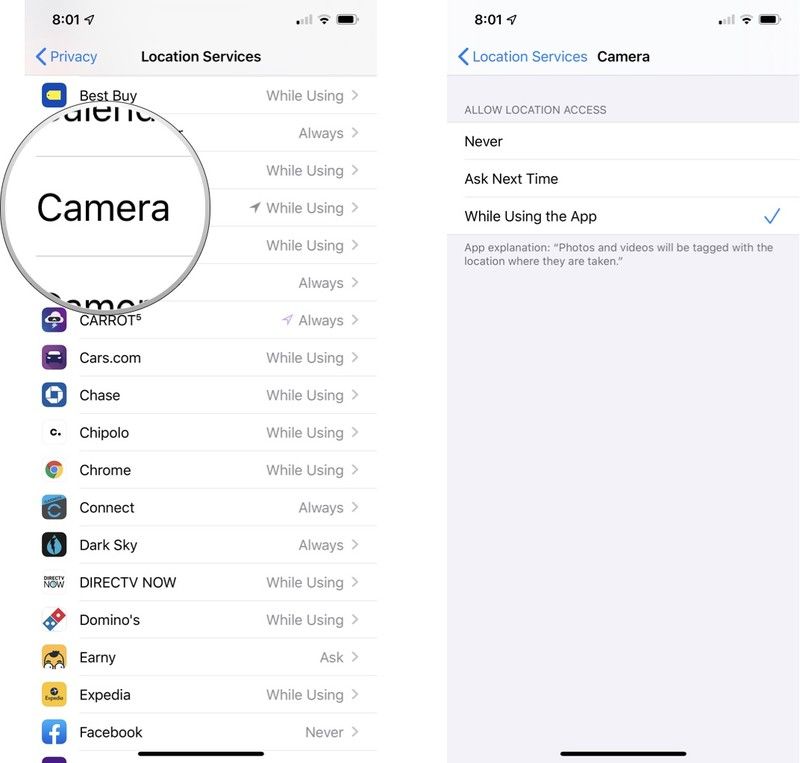 услуги определения местоположения для камеры