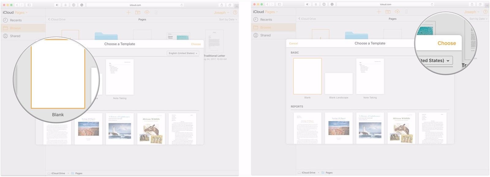 Выберите шаблон, нажмите «Выбрать»