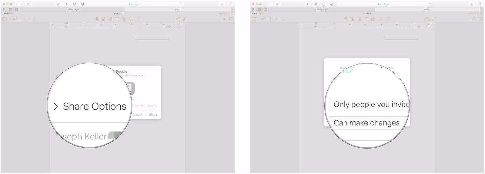 Нажмите «Поделиться параметрами», используйте раскрывающийся список