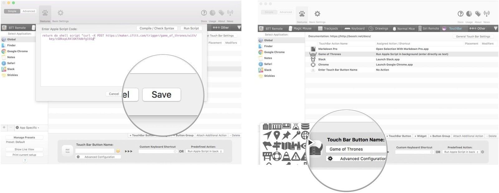 Введите код из руководства, замените событие и ключ информацией, нажмите «Сохранить», затем назовите кнопку и выберите настраиваемый значок и цвет