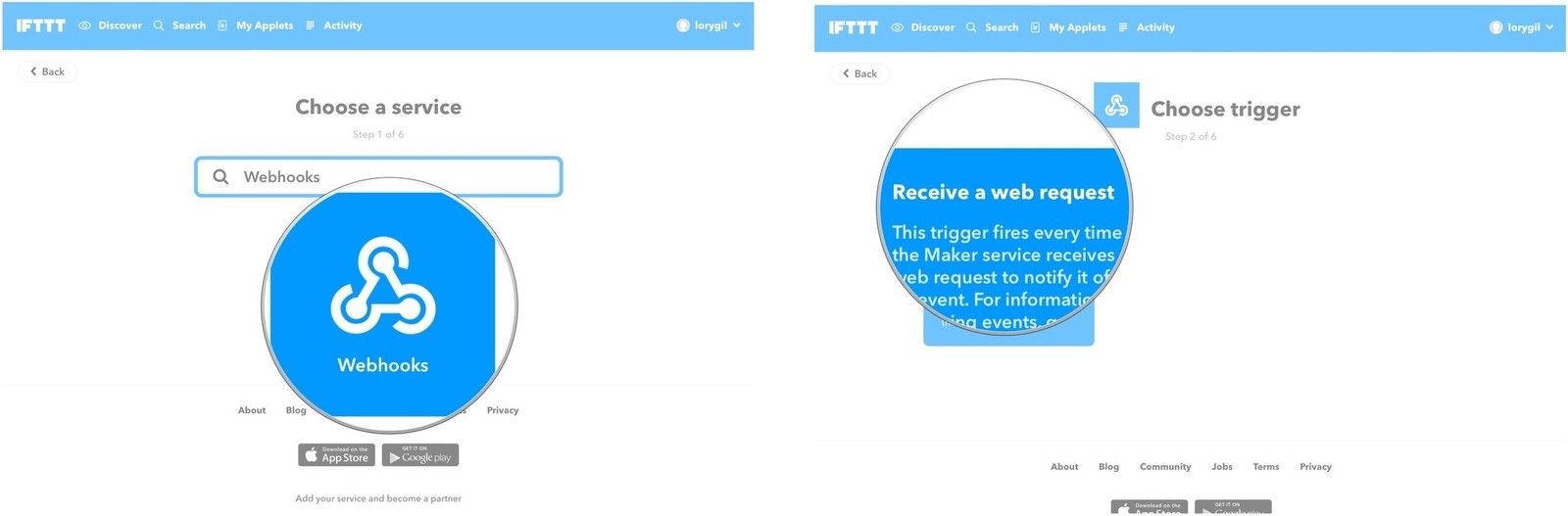 Нажмите на значок службы, затем нажмите Получить веб-запрос