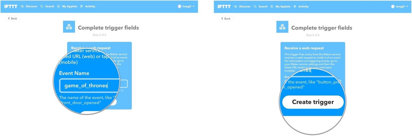Введите имя события, затем нажмите «Создать триггер».