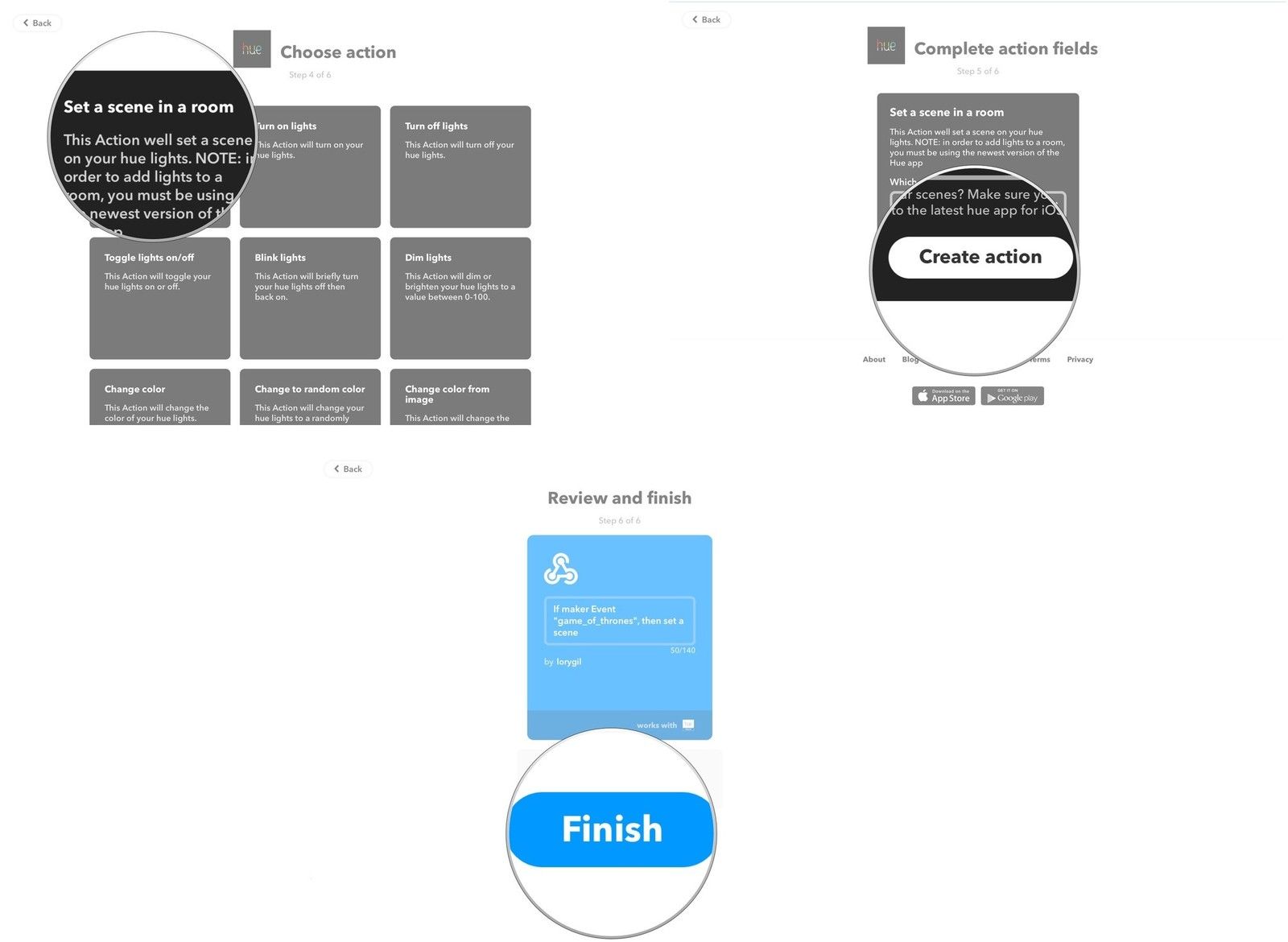 Нажмите на действие, затем выберите действие, затем нажмите Готово