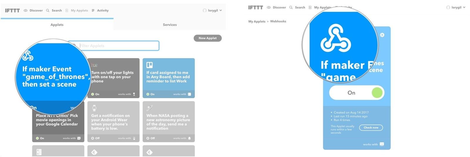Нажмите на апплет, который вы только что создали, затем нажмите на иконку Webhooks