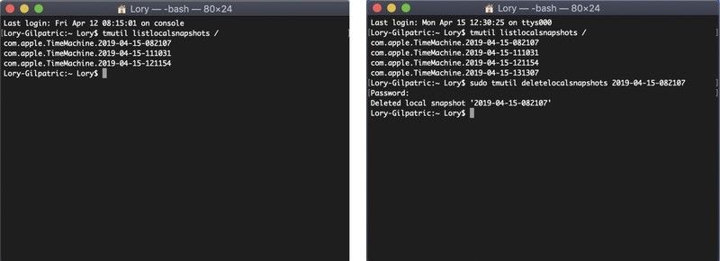 Введите правильный код в терминал, чтобы увидеть ваши локальные снимки, а затем удалите их