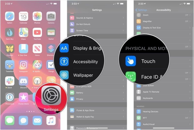 Откройте «Настройки», нажмите «Доступность», нажмите «Сенсорный».