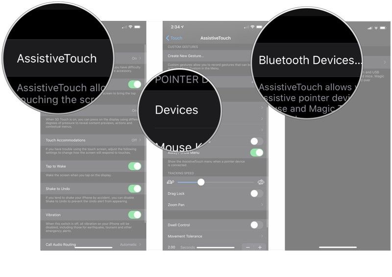 Коснитесь AssistiveTouch, коснитесь Устройства, коснитесь Устройства Bluetooth.