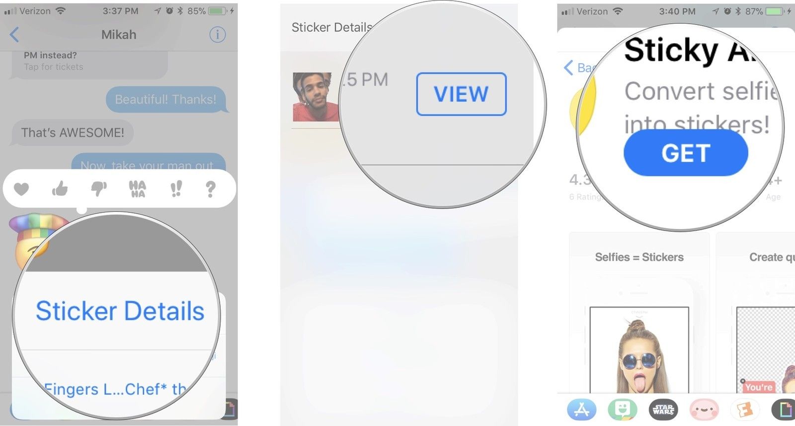 Нажмите «Сведения о стикере», затем нажмите «Просмотр» и загрузите стикер.