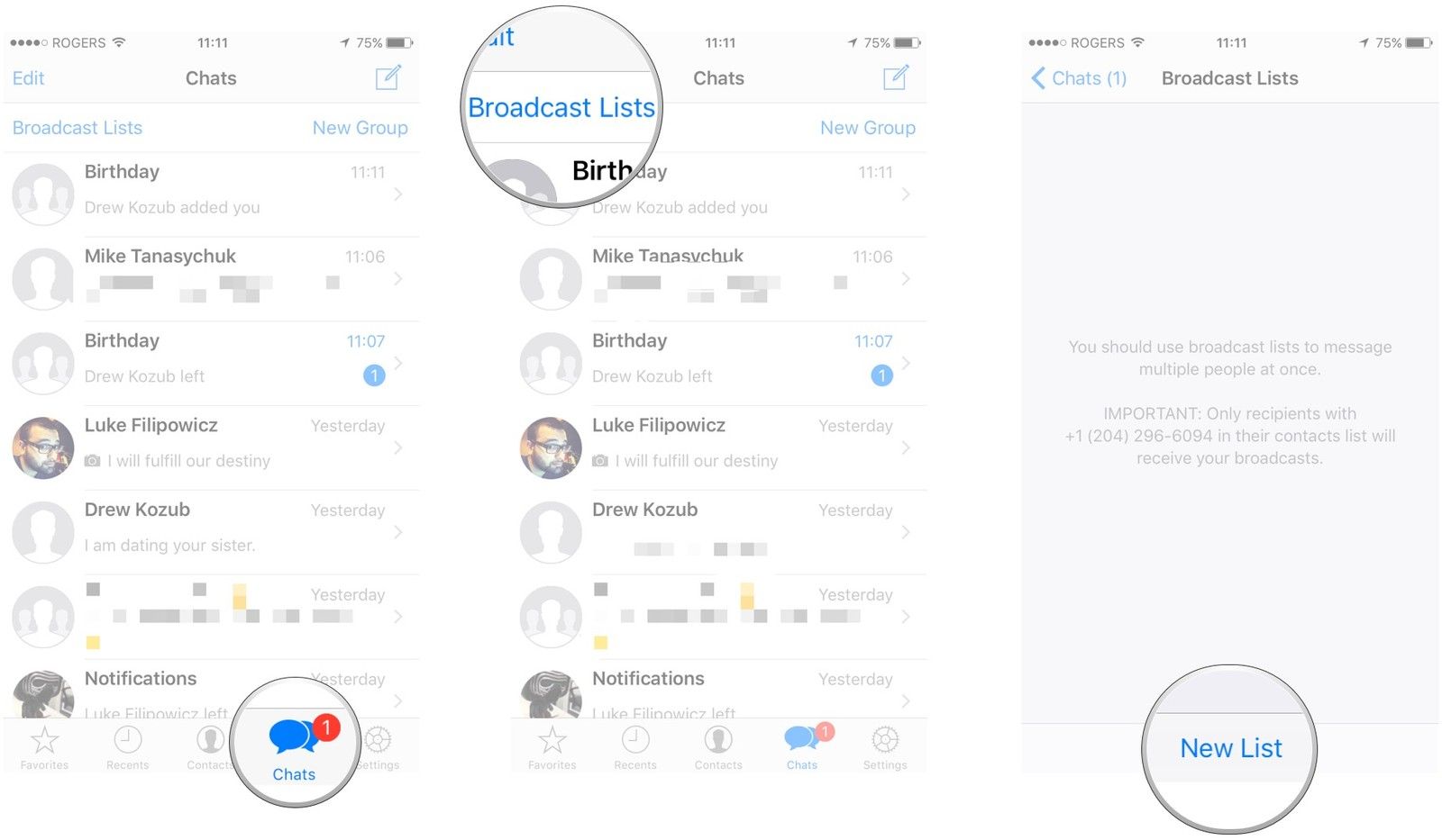 Запустите WhatsApp, нажмите чаты, нажмите списки рассылки, нажмите новый список