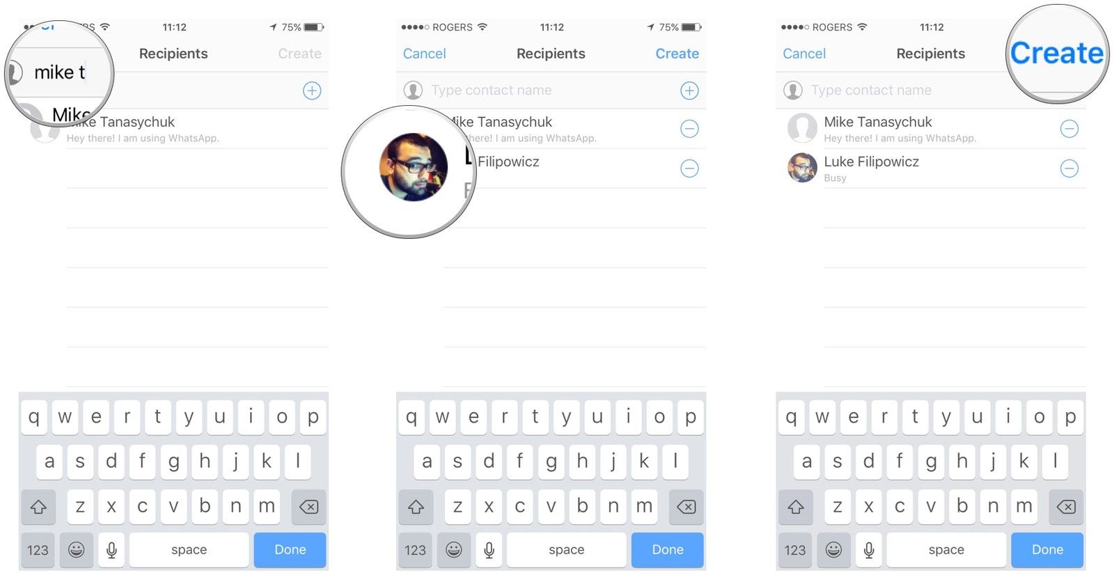 Введите контакт's name or tap the add button, choose contacts, tap create, send messages as normal