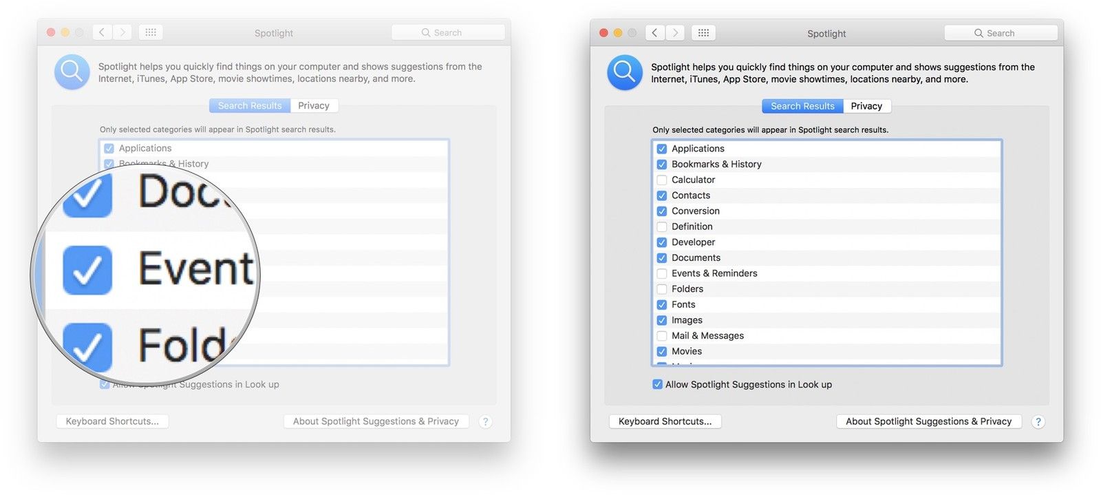 Установите флажки рядом с категориями, чтобы включить или отключить их.