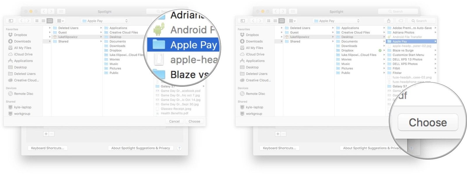 Нажмите на предмет, который вы надеваете't want Spotlight to search and then click Choose.