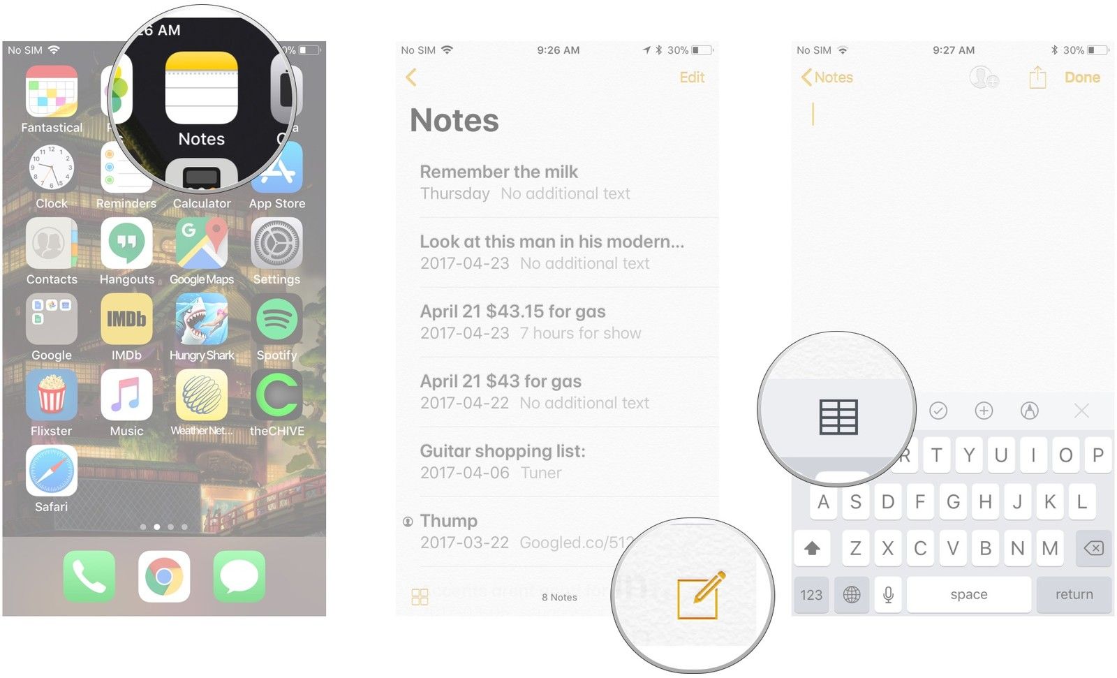 Запустите заметки, создайте новую заметку, нажмите кнопку таблицы
