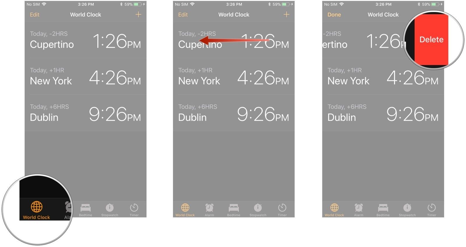 Запустите приложение «Часы», нажмите кнопку «Мировое время», проведите пальцем влево по городу, который хотите удалить, нажмите «Удалить».