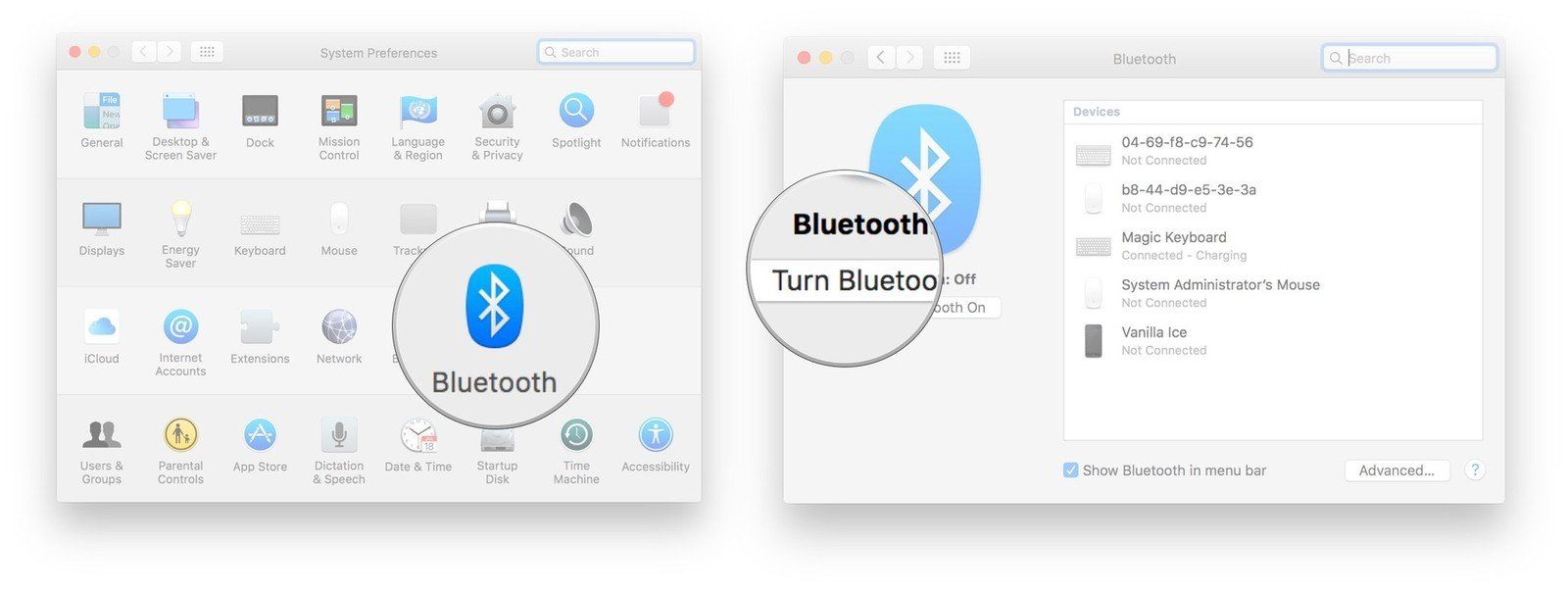 Нажмите на Bluetooth, а затем нажмите кнопку включения Bluetooth.