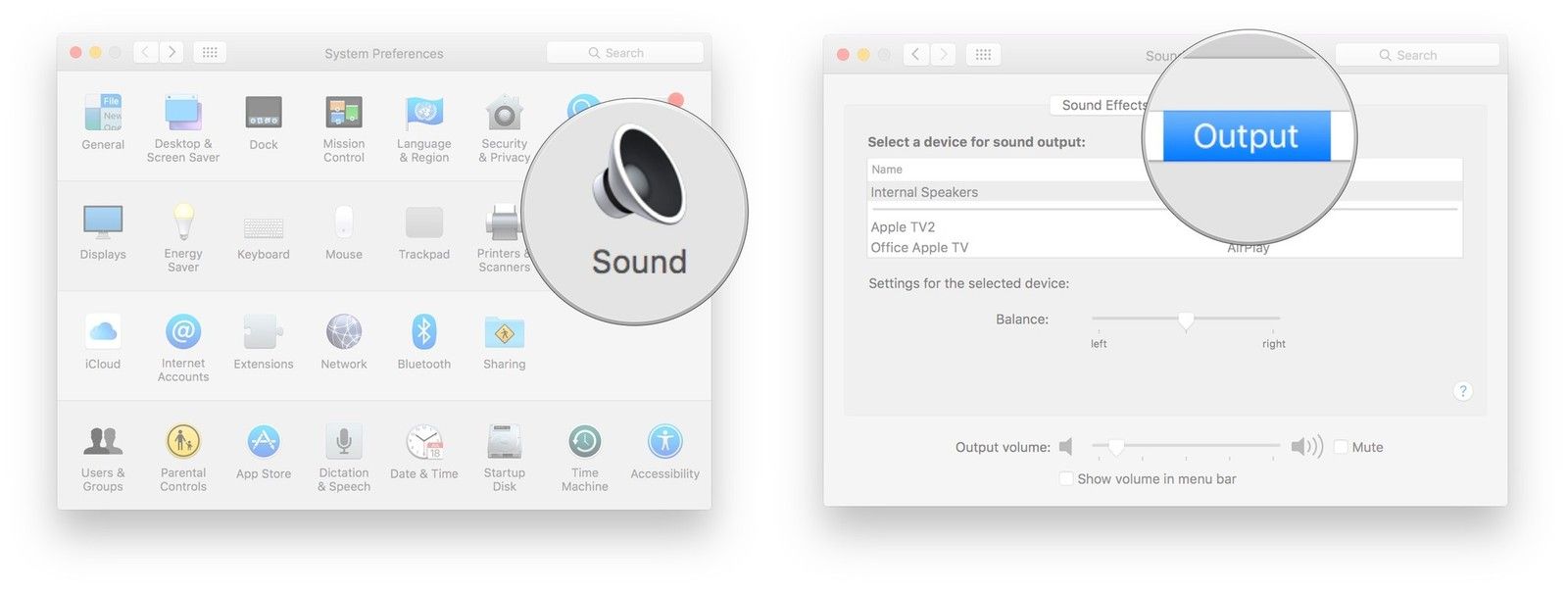 Нажмите на Звук, а затем нажмите на Выход.