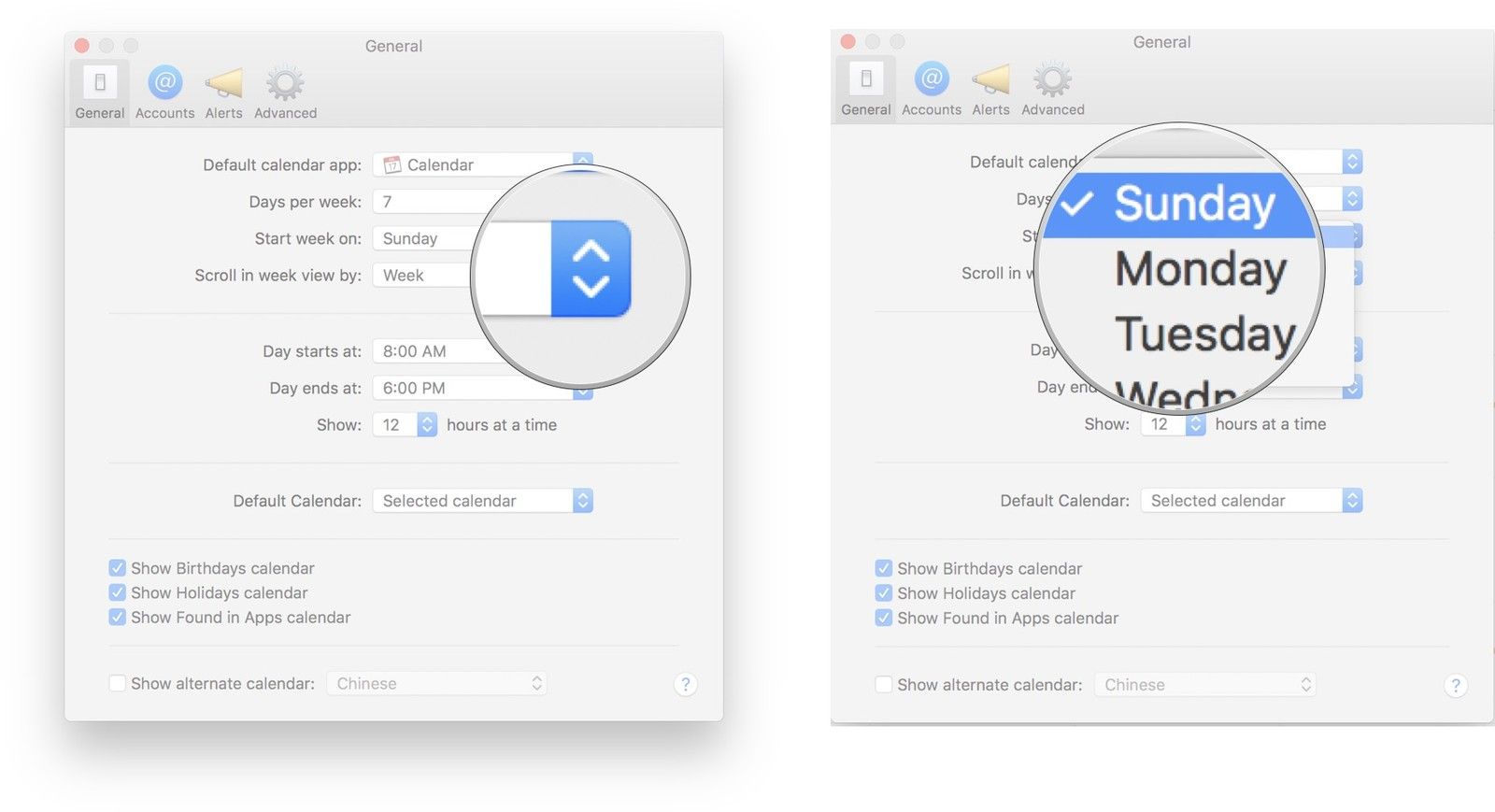 Щелкните раскрывающееся меню рядом с параметром «Начать неделю с» и выберите день, который вы хотите использовать.