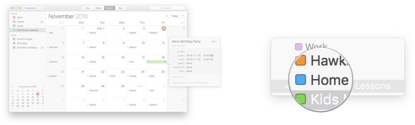 Нажмите на меню календаря, нажмите на календарь, в который вы хотите добавить событие, и нажмите «Ввод» на клавиатуре.