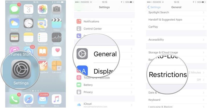 запустите приложение настроек, затем нажмите общие, а затем ограничения