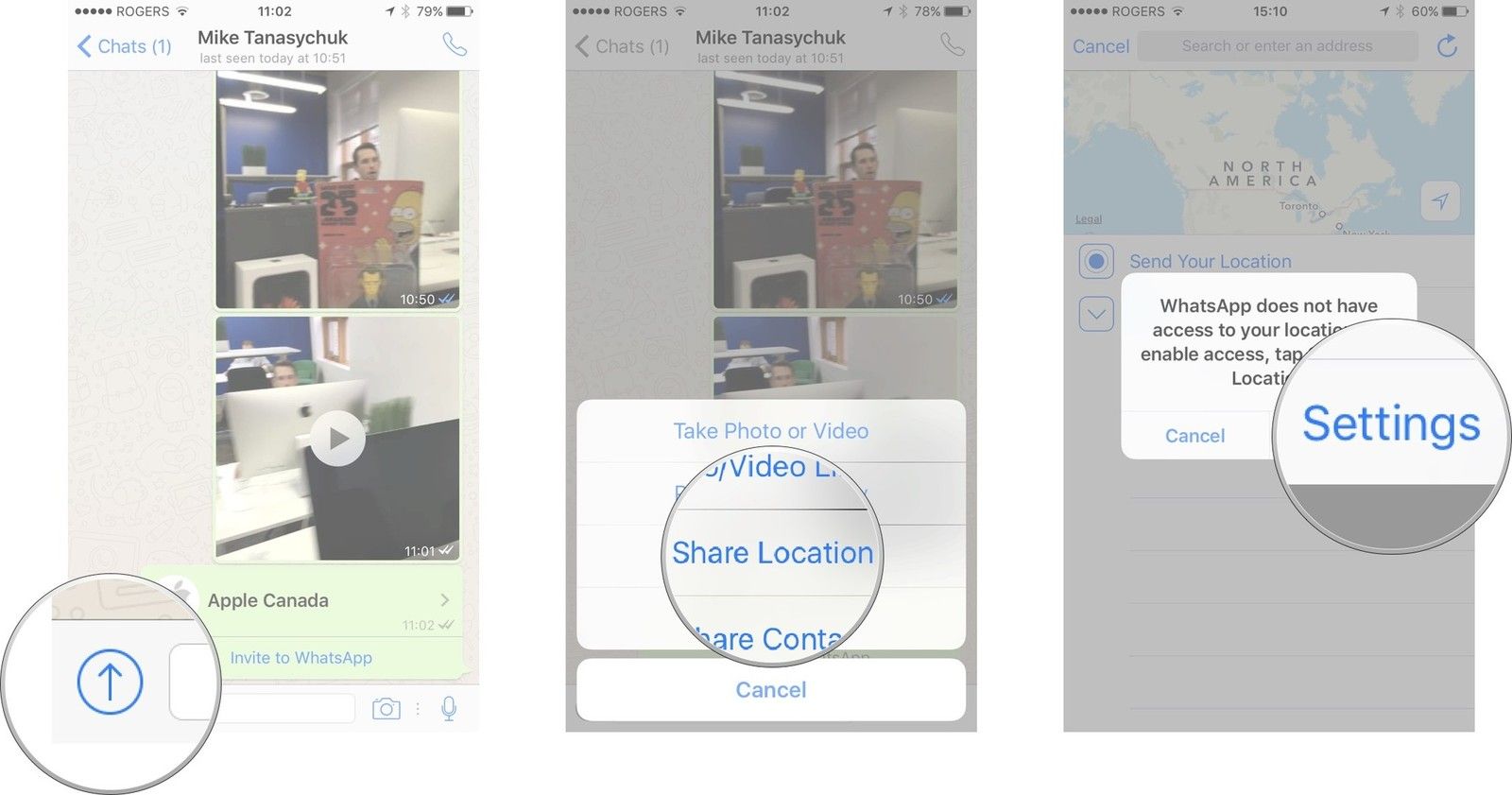 Нажмите кнопку «Поделиться мультимедиа», нажмите «Отправить местоположение», а затем убедитесь, что у вас включены службы определения местоположения для WhatsApp.