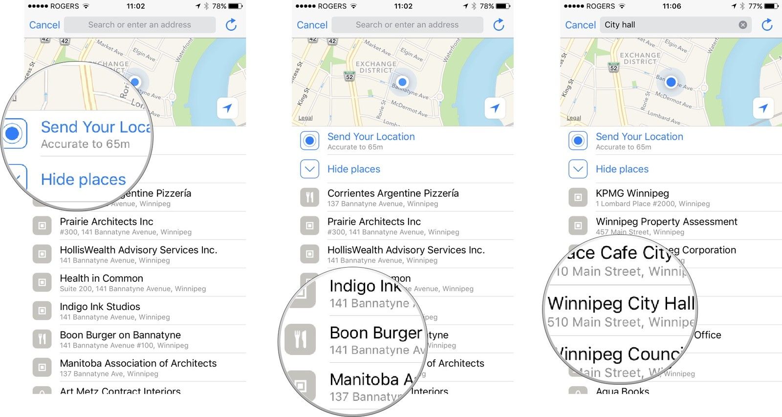 Нажмите «Отправить ваше местоположение», чтобы отправить свое текущее местоположение, нажмите соседнее местоположение в автоматически сгенерированном списке или используйте панель поиска вверху, а затем нажмите на местоположение в списке.