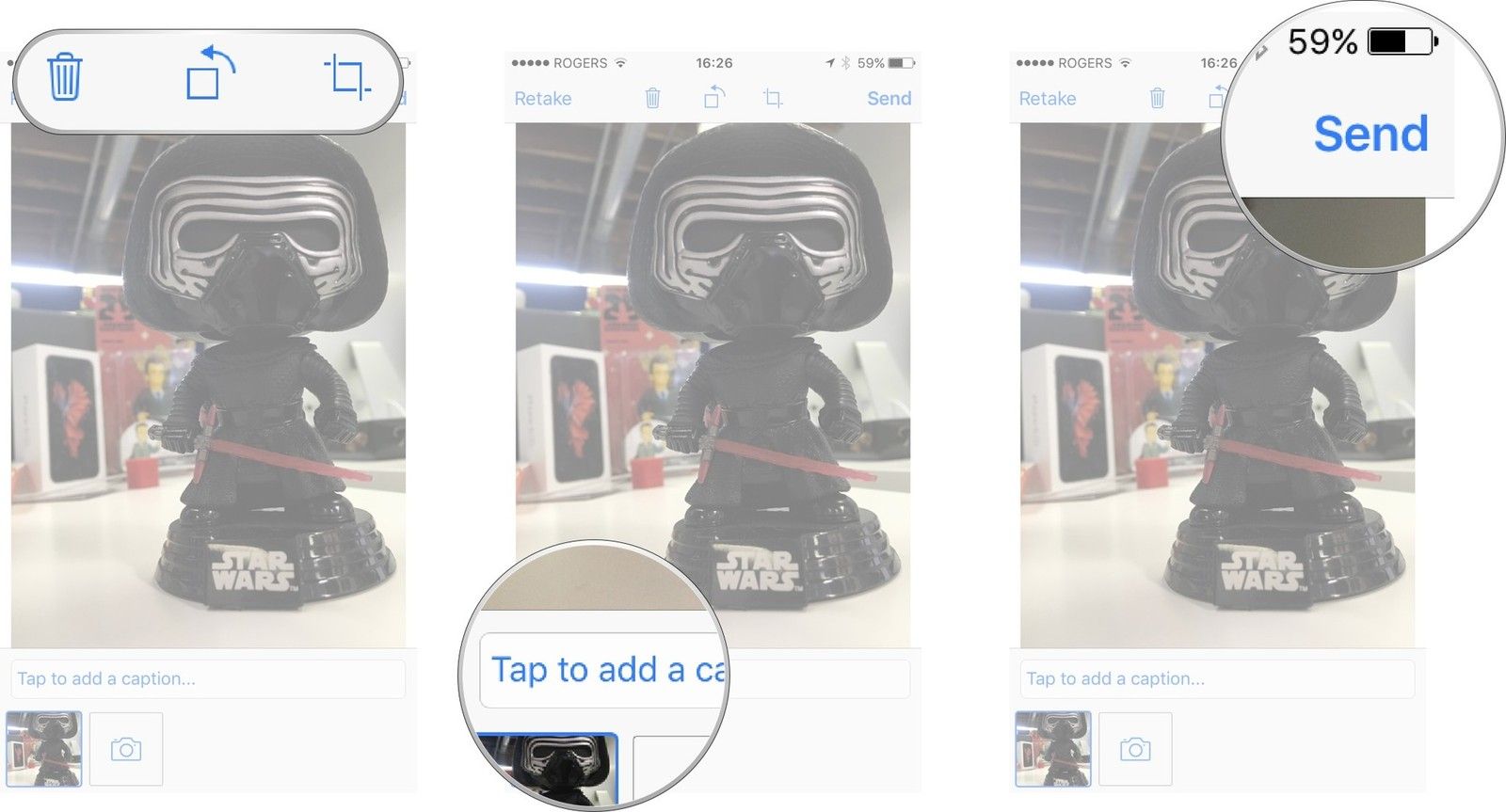 Используйте верхний ряд кнопок для внесения изменений, нажмите, чтобы добавить подпись, нажмите «Отправить».