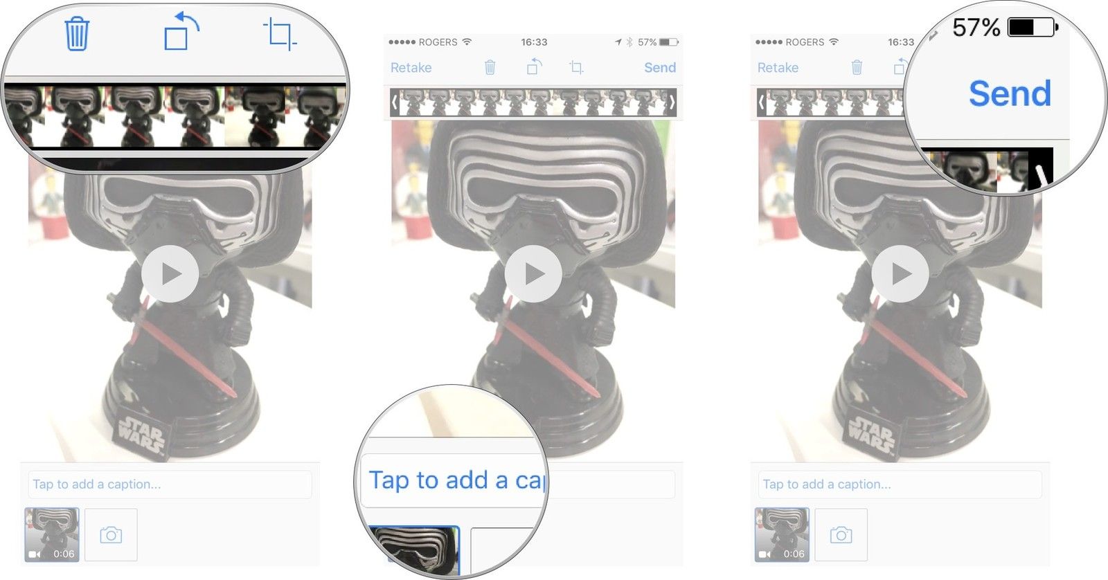 Используйте верхние кнопки и редактор временной шкалы для редактирования видео, нажмите, чтобы добавить подпись, а затем нажмите «Отправить».
