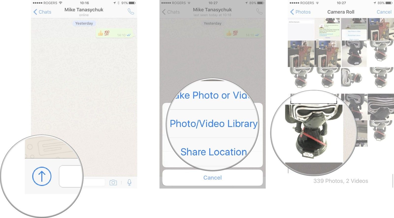 Нажмите кнопку «Поделиться мультимедиа», нажмите «Библиотека фото / видео», затем нажмите на фотографию или видео, которое вы хотите отправить.