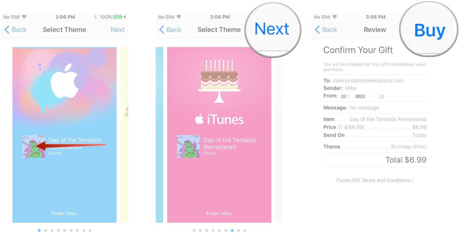 Проведите пальцем, чтобы выбрать тему, нажмите «Далее», нажмите «Купить».