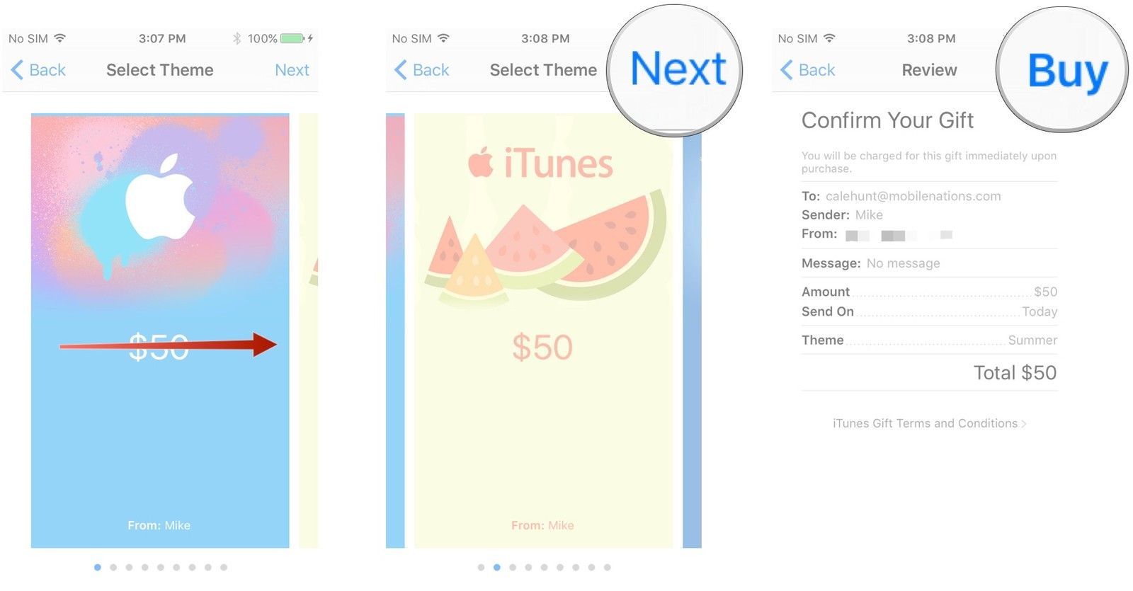 Проведите пальцем, чтобы выбрать тему, нажмите «Далее», нажмите «Купить».