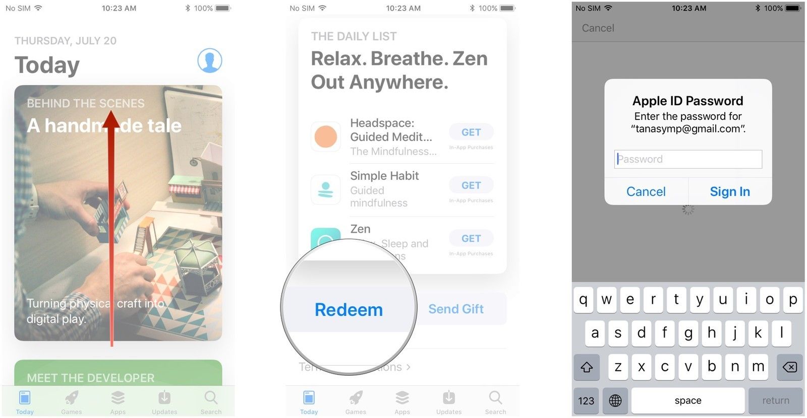 Запустите App Store, прокрутите вниз, нажмите «Погасить», введите пароль, нажмите «Войти».