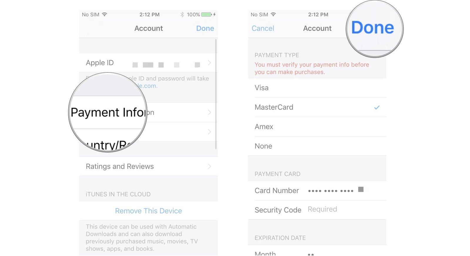 Нажмите Информация об оплате, введите всю информацию о вашей кредитной карте, нажмите Готово.