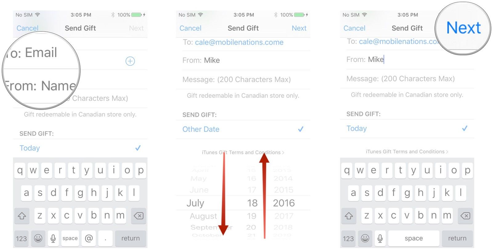 Введите адрес электронной почты, нажмите «Сегодня» или проведите пальцем по полю выбора, чтобы выбрать новую дату, нажмите «Далее».