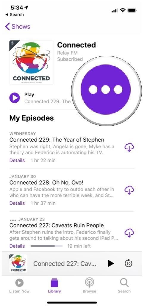 Apple Podcasts Connected Подробный вид 3-точечная кнопка