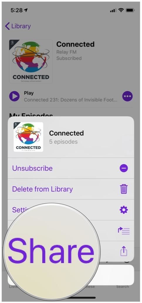 Apple Podcasts показывает подробное меню кнопки «Поделиться»